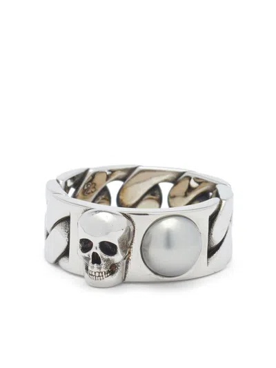 Alexander Mcqueen Skull Pearl-embellished Chain Ring In Silver