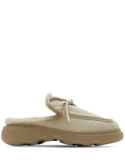 Burberry Logo-charm Suede Mules In Neutrals