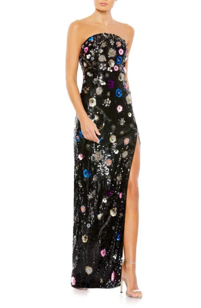 Mac Duggal Floral Sequined Strapless Column Gown In Black Multi