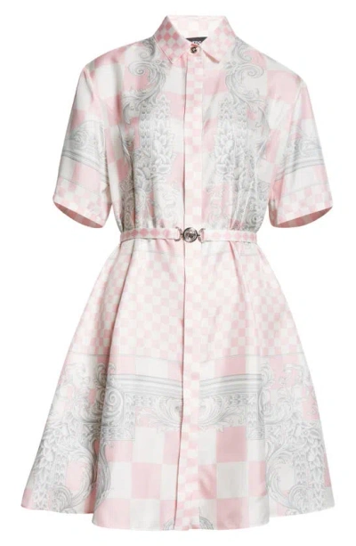 Versace Barocco-print Silk Shirt Dress In Pastel Pink,white,silver