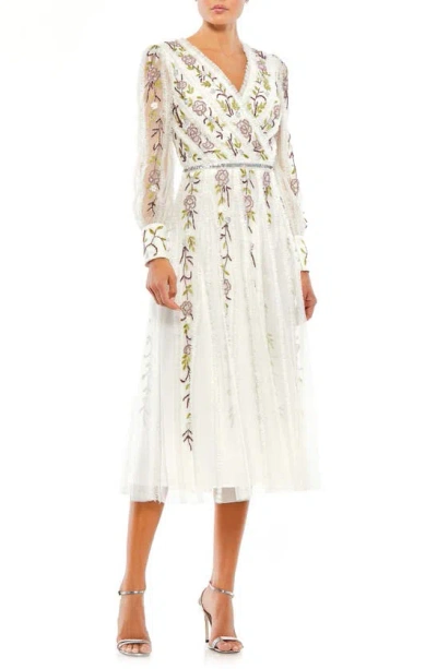 Mac Duggal Beaded Floral Long Sleeve Cocktail Dress In Ivory Multi