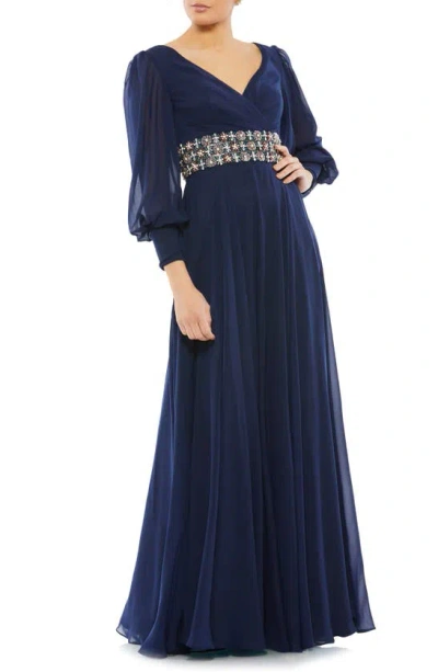 Mac Duggal Bishop Sleeve Wrap Over Belt Detail Flowy Gown In Midnight