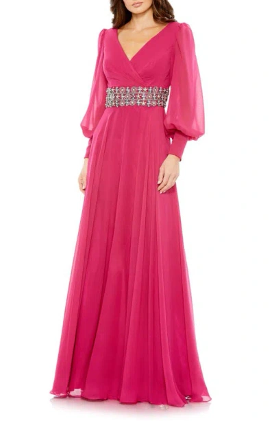 Mac Duggal Bishop Sleeve Wrap Over Belt Detail Flowy Gown In Cranberry