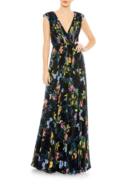 Mac Duggal Pleated Floral Cap Sleeve A Line Gown In Black Multi