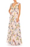 Mac Duggal Pleated Floral Cap Sleeve A Line Gown In Pink Multi