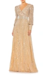 Mac Duggal Sequined Wrap Over Bishop Sleeve Gown In Vanilla Silver