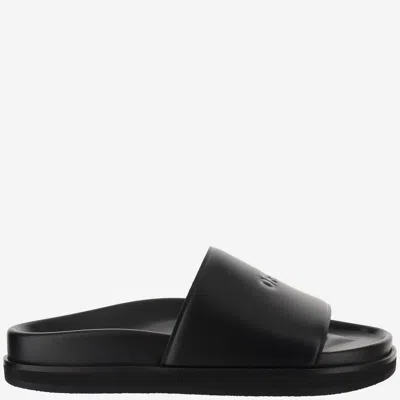 Off-white Leather Slippers With Logo In Black