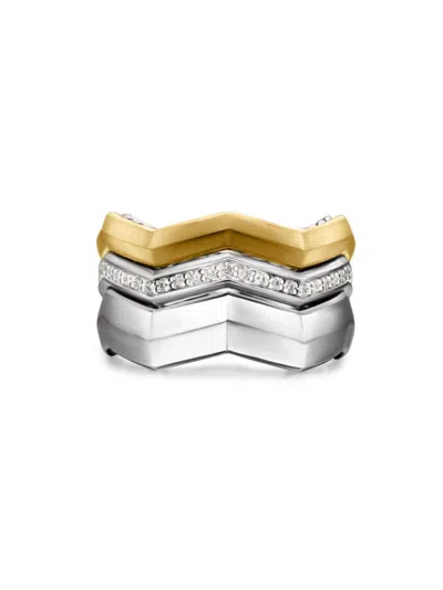 David Yurman Zig Zag Stax Three Row Ring With Diamonds In 18k Gold And Silver, 11mm