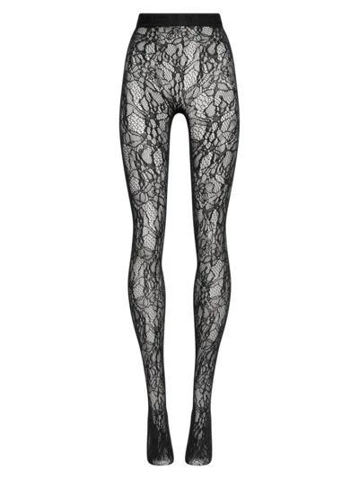 Wolford Logo Floral Net Tights In Black