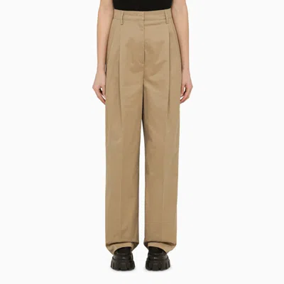 Prada Khaki Cotton Trousers With Pleats In Brown