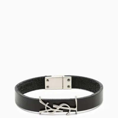 Saint Laurent Black Leather Bracelet With Logo In Metallic