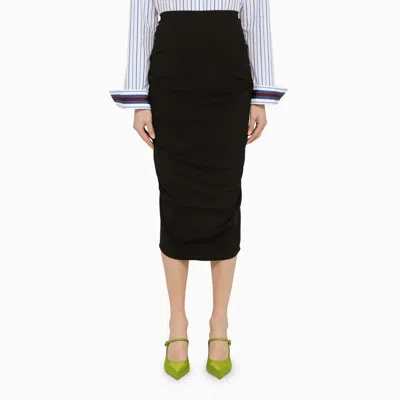 Dries Van Noten Black Draped Midi Skirt In Wool Blend