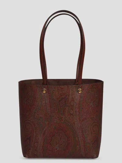 Etro Structured Canvas Shopping Bag With Paisley Print In Brown