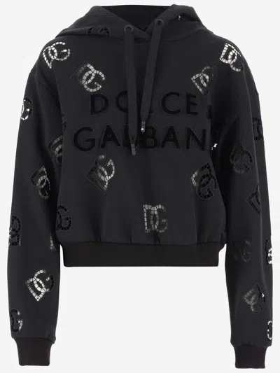 Dolce & Gabbana Logo Cotton Blend Crop Hoodie In Black