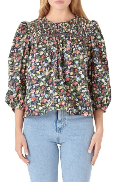English Factory Floral Pintuck Detail Cotton Popover Top In Navy