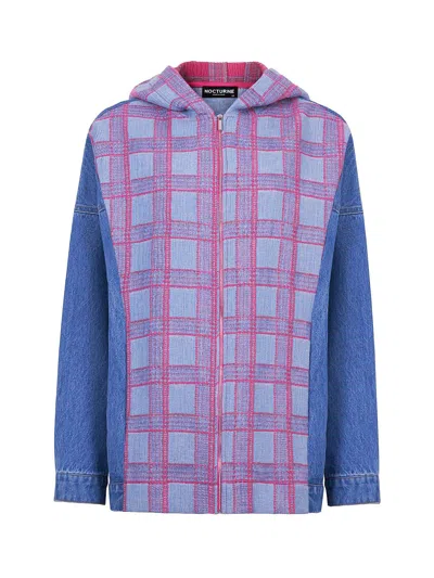 Nocturne Hooded Plaid And Jean Jacket In Multi