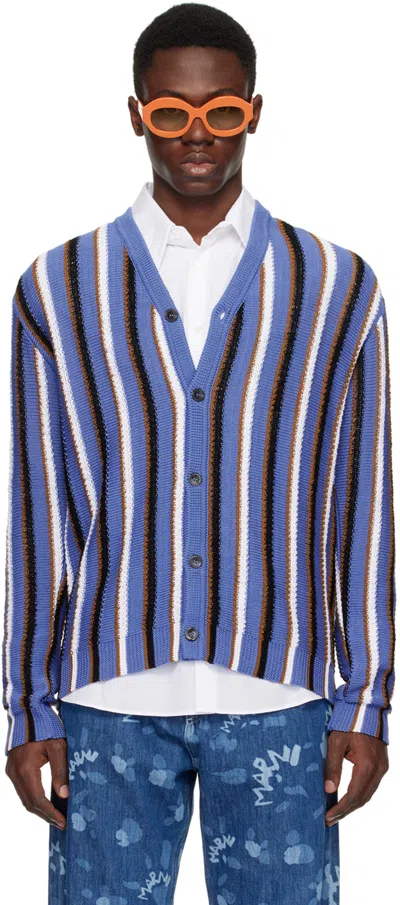 Marni Stripe-pattern V-neck Cotton Cardigan In Blue