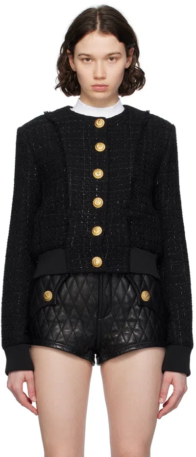 Balmain Cotton Blend Tweed Jacket In Black
