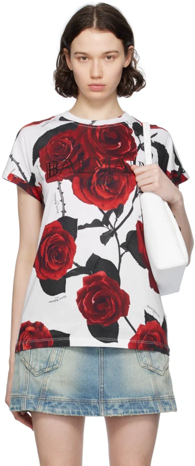 Balmain Roses-print Cotton T-shirt In White