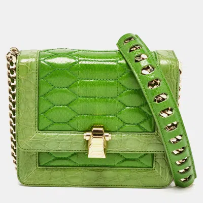 Pre-owned Roberto Cavalli Green Croc And Snakeskin Flap Chain Bag