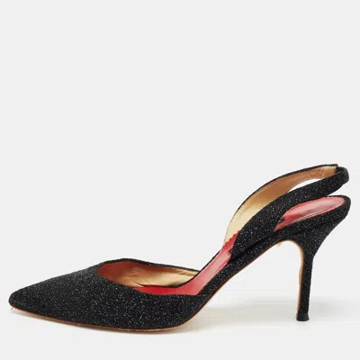 Pre-owned Ch Carolina Herrera Black Glitter Suede Slingback Pumps Size 39