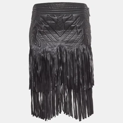 Pre-owned Roberto Cavalli Black Embossed Leather Fringed Skirt S