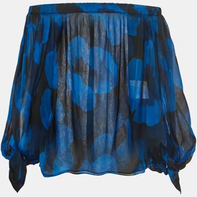 Pre-owned Saint Laurent Blue Floral Print Silk Off Shoulder Blouse S