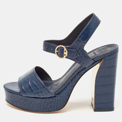 Pre-owned Tory Burch Navy Blue Croc Embossed Leather Martine Platform Sandals Size 39