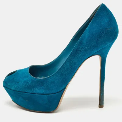 Pre-owned Sergio Rossi Blue Suede Peep Toe Platform Pumps Size 37.5