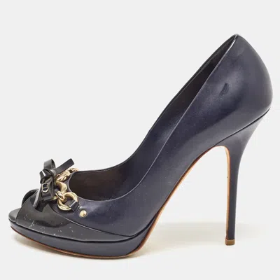 Pre-owned Dior Navy Blue Patent Leather Bow Chain Detail Peep Toe Pumps Size 41