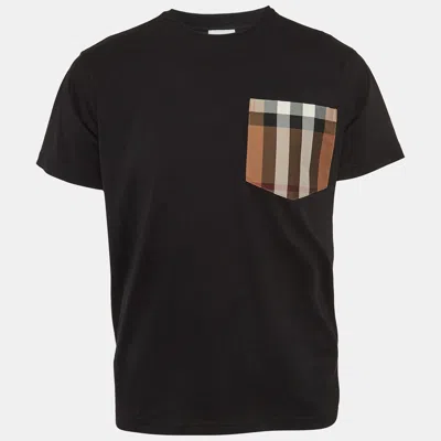 Pre-owned Burberry Black Cotton Checked Pocket Detail Crew Neck T-shirt Xs
