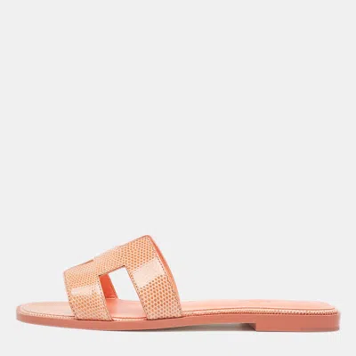 Pre-owned Hermes Hermès Peach Pink Lizard Oran Flat Slides Size 38