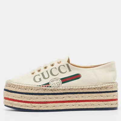 Pre-owned Gucci Cream Canvas Logo Platform Espadrille Flats Size 37.5