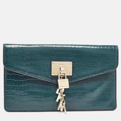 Pre-owned Dkny Teal Blue Croc Embossed Leather Elissa Envelope Clutch In Green