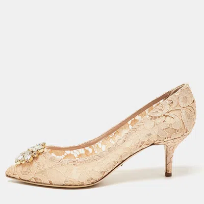 Pre-owned Dolce & Gabbana Peach Lace Bellucci Crystals Pumps Size 41 In Pink
