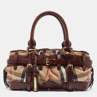 Pre-owned Burberry Brown/beige House Check Canvas And Leather Rowan Satchel