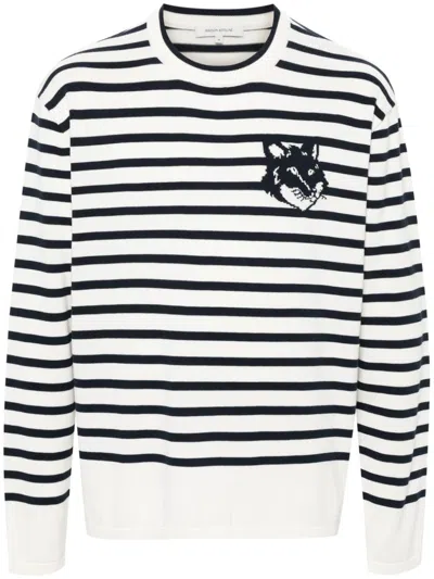 Maison Kitsuné Fox Head Striped Cotton Sweater In Blue