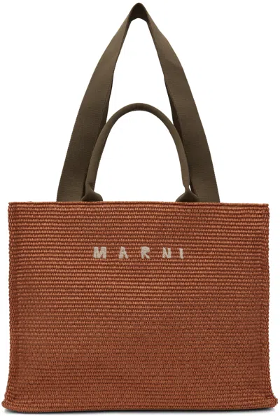 Marni Logo-embroidered Raffia Tote Bag In Zo750 Brick/olive