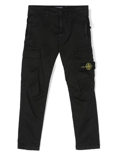 Stone Island Kids' Black Cotton And Silk Satin Cargo Trousers