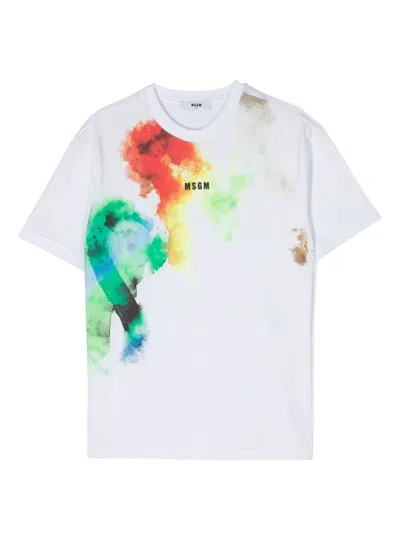 Msgm Kids' T-shirt Bianca Con Stampe In White