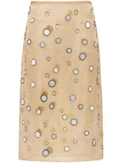 Prada Gonna Midi In Organza Ricamata Con Specchietti In Brown