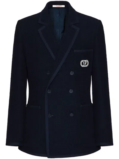 Valentino Vlogo Signature Double-breasted Bouclé Blazer In Blue