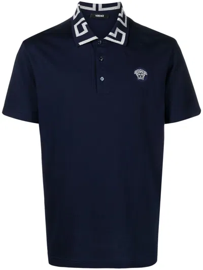 Versace Greca-collar Cotton Polo Shirt In Blue