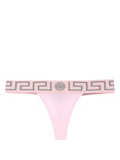 Versace Gerca-patterned Waistband Thong In Pink & Purple