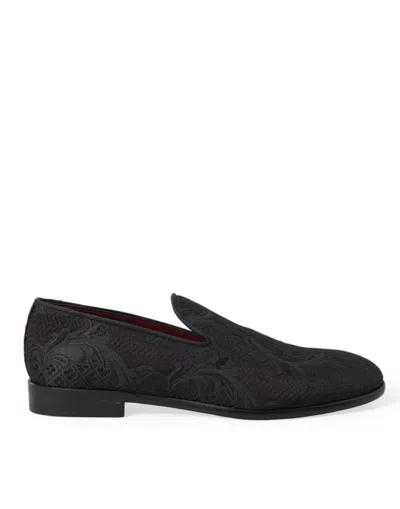 Dolce & Gabbana Black Floral Brocade Slippers Loafers Shoes
