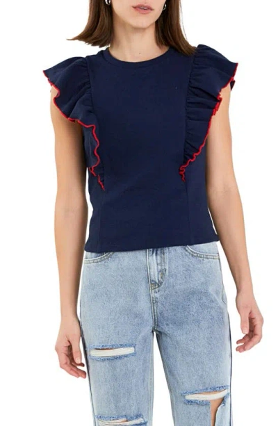 English Factory Women's Contrast Merrow Detail Ruffled Knit Top In Navy,red