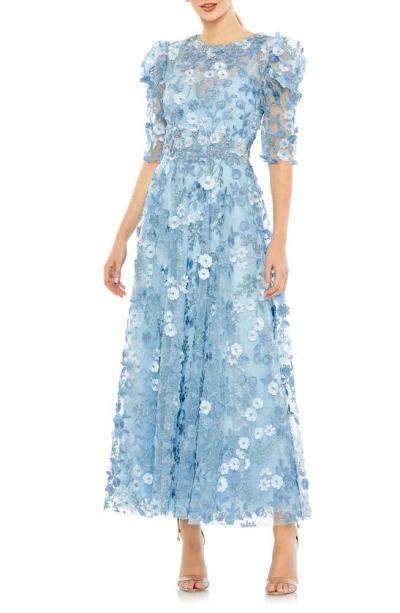 Mac Duggal Women's Floral Appliqué Puff-sleeve Maxi Dress In French Blue