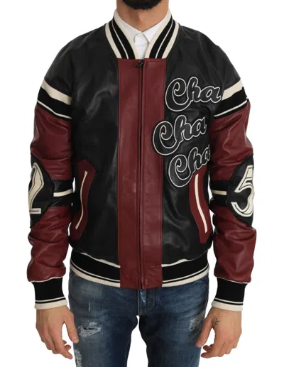 Dolce & Gabbana Exquisite Sheepskin Leather Bomber Men's Jacket In Black And Red