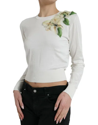 Dolce & Gabbana White Floral Silk Crew Neck Pullover Jumper