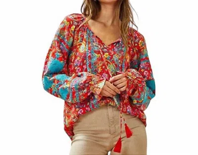 Savanna Jane Paisley Print Top With Embroidery In Red